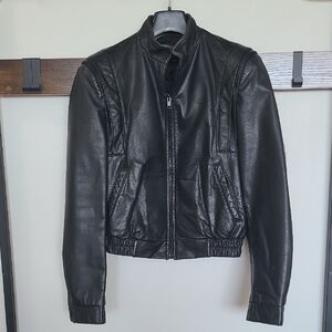 Black Leather Motorcycle Jacket with Stand-Up Collar Vintage 80s